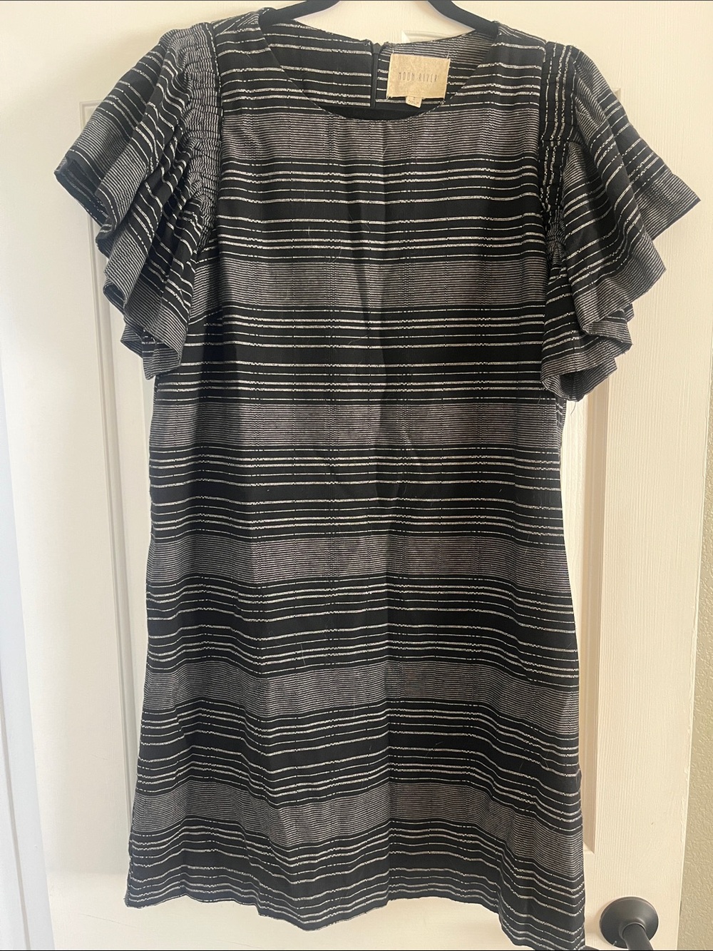 Moon River Black & Gray Striped Ruffle Sleeve Dress